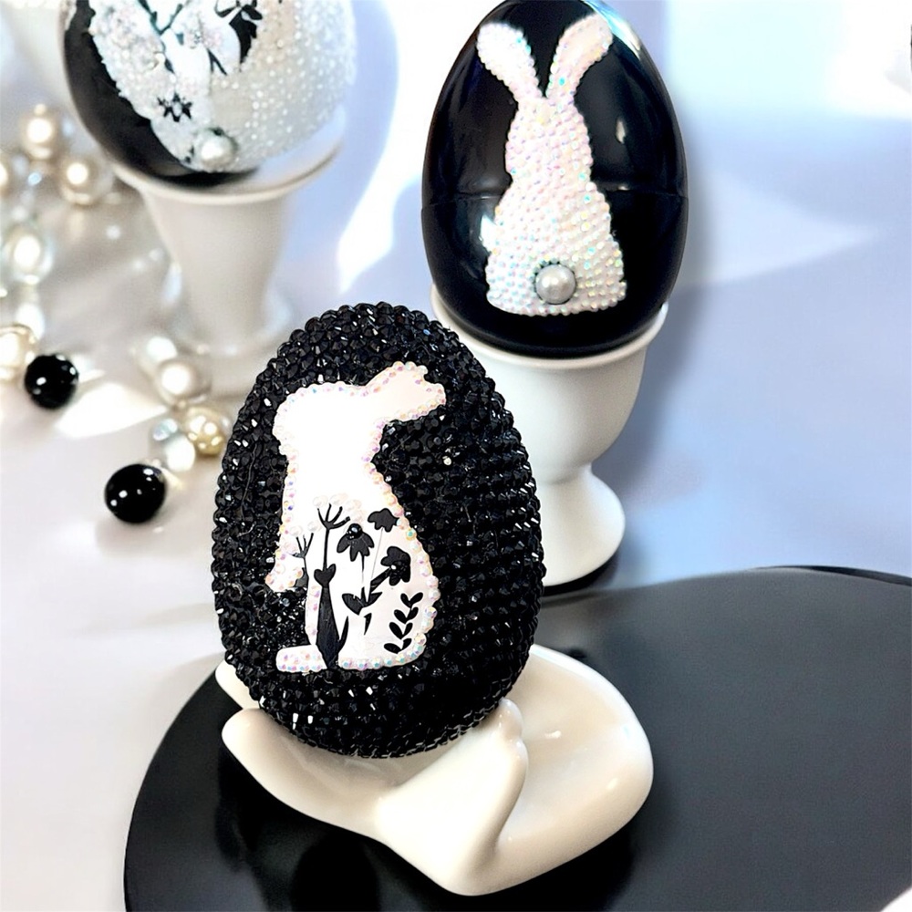 Easter Egg Set, Black & White Decorative Egg w/Rabbit Design, Spring Vase Filler